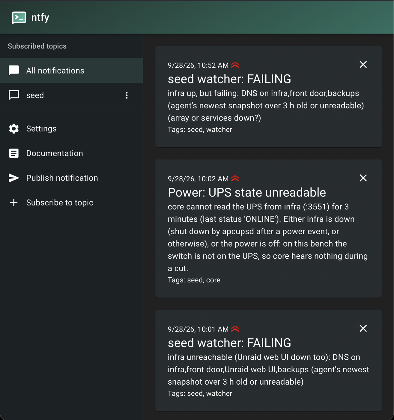 A screenshot of the ntfy web page with three alerts: two "seed watcher: FAILING" and one "Power: UPS state unreadable", each with the checks that failed.