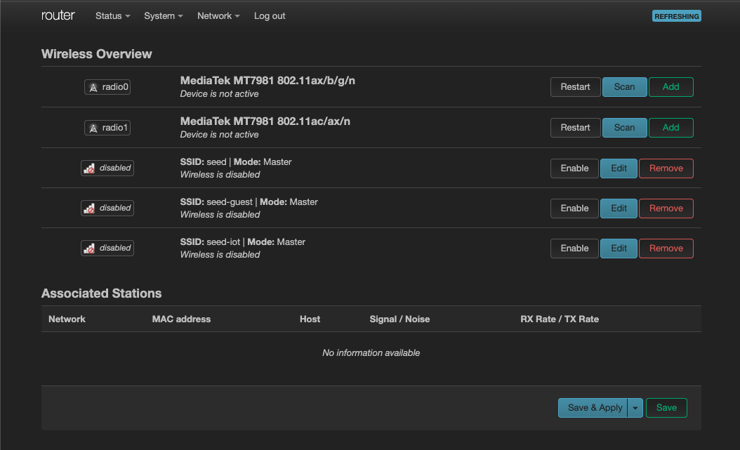 A screenshot of OpenWrt's Wireless Overview in a dark theme: two MediaTek radios, then three networks named seed, seed-guest and seed-iot, each marked disabled, and an empty table of connected devices