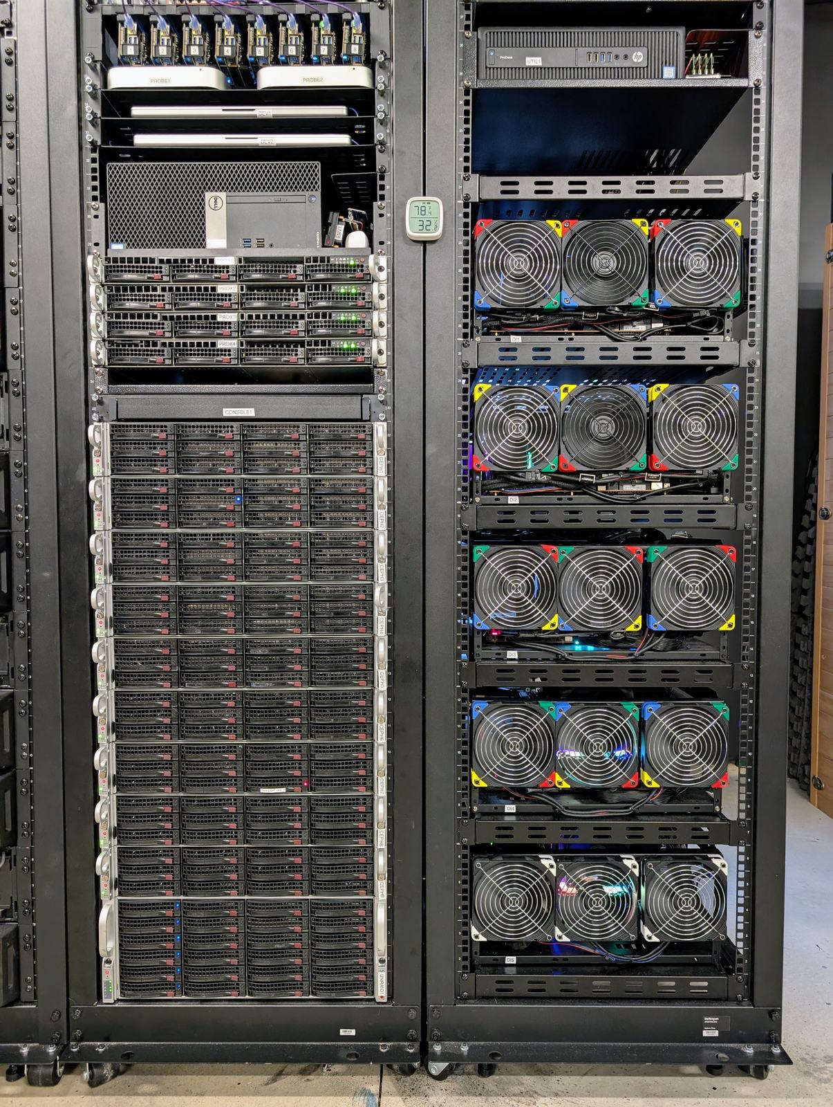 Two rack fronts side by side: the storage servers with their drive bays, and the fan trays of the GPU hosts
